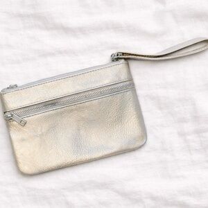 Safe Keeper Silver Faux Leather Wristlet Wallet Zip Pouch w/ Strap